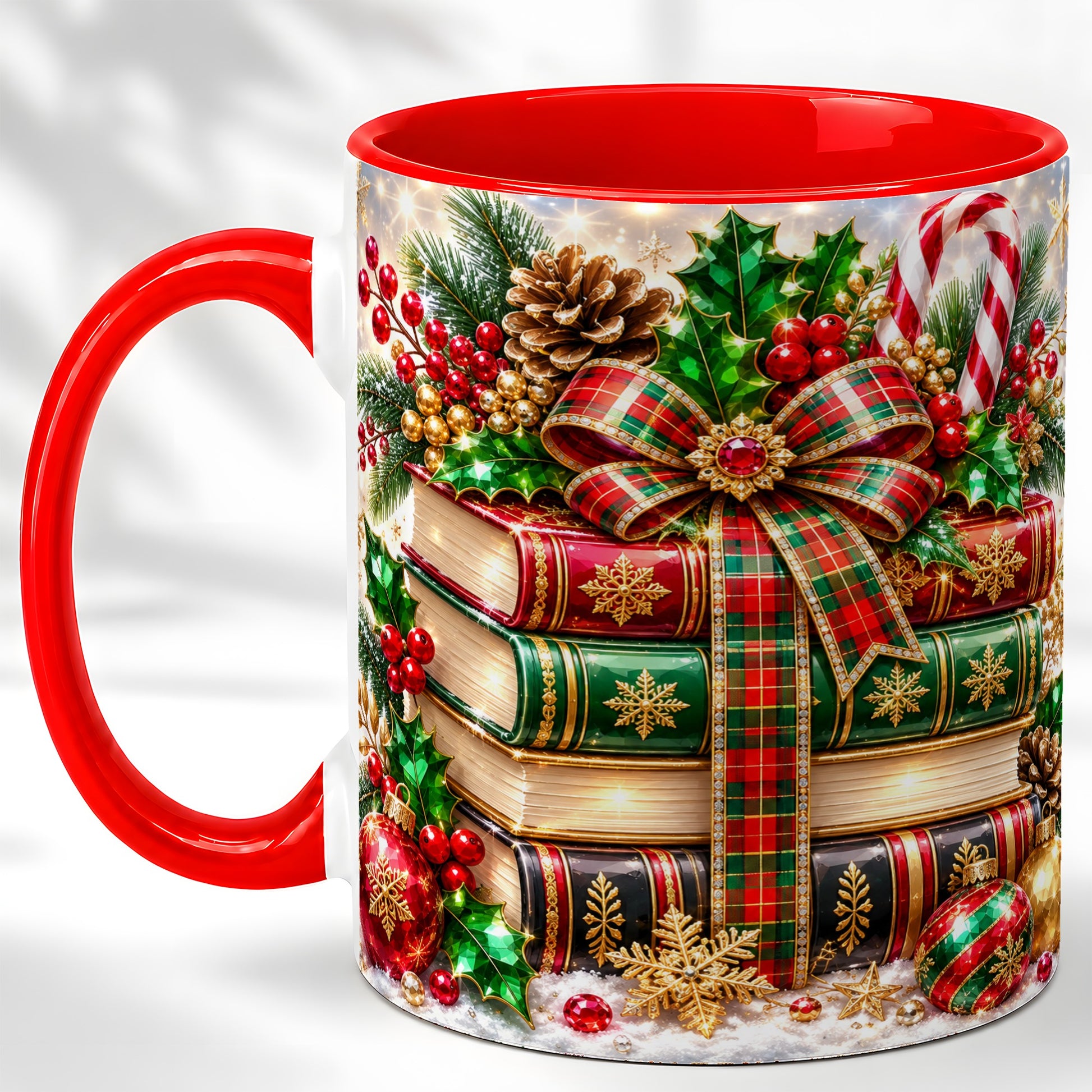 Sparkling Christmas Books Coffee Mug, Plaid Bow Holiday Mug, Ceramic Cup