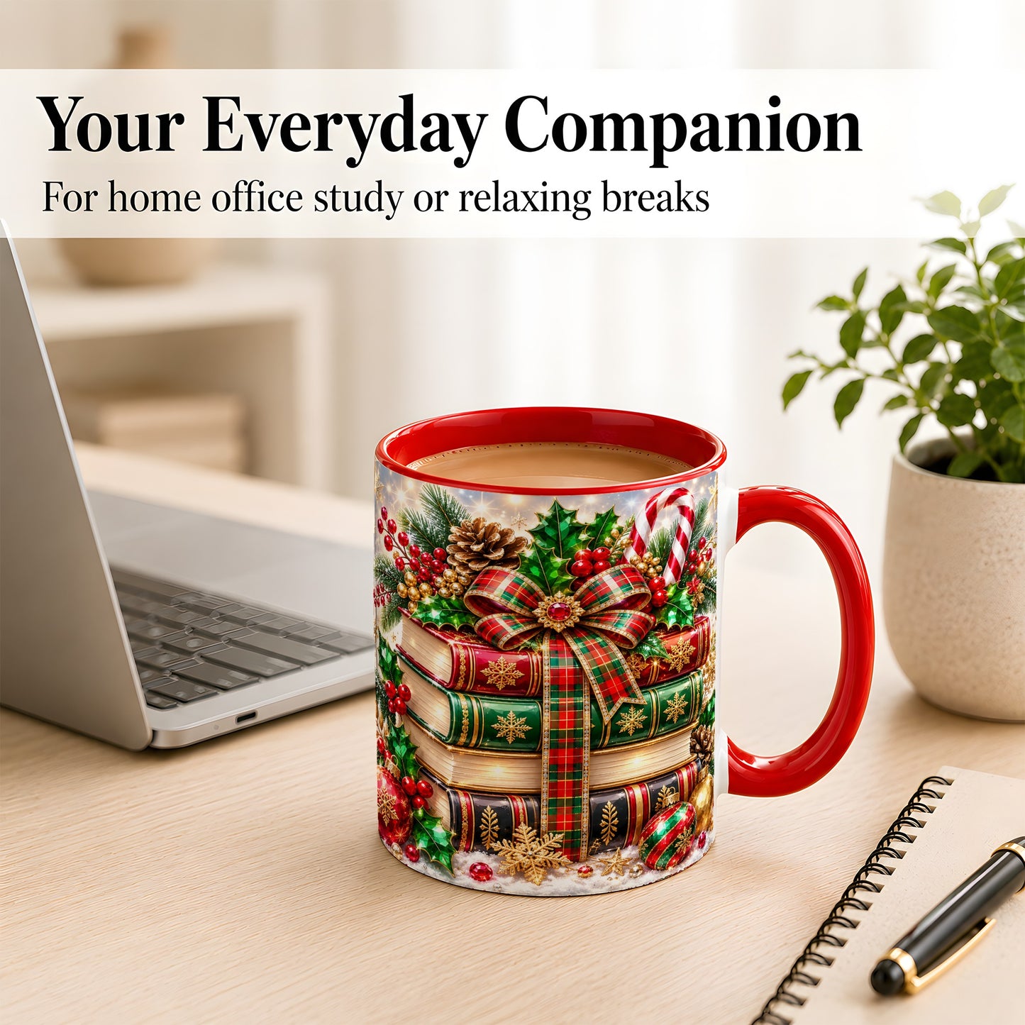 #pl[11oz|Red] Sparkling Christmas Books Coffee Mug, Plaid Bow Holiday Mug, Ceramic Cup