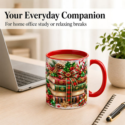 #pl[11oz|Red] Sparkling Christmas Books Coffee Mug, Plaid Bow Holiday Mug, Ceramic Cup