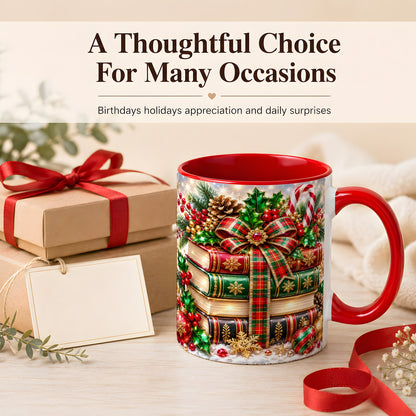 #pl[11oz|Red] Sparkling Christmas Books Coffee Mug, Plaid Bow Holiday Mug, Ceramic Cup