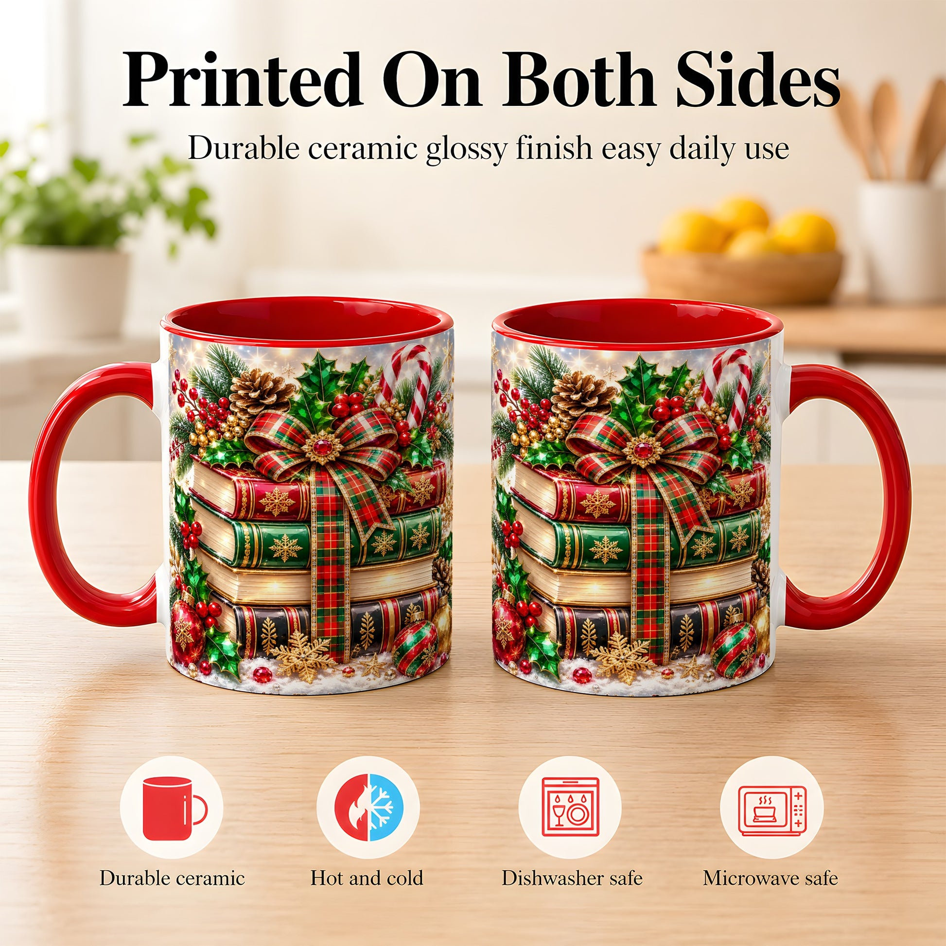 #pl[11oz|Red] Sparkling Christmas Books Coffee Mug, Plaid Bow Holiday Mug, Ceramic Cup
