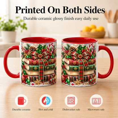 #pl[11oz|Red] Sparkling Christmas Books Coffee Mug, Plaid Bow Holiday Mug, Ceramic Cup