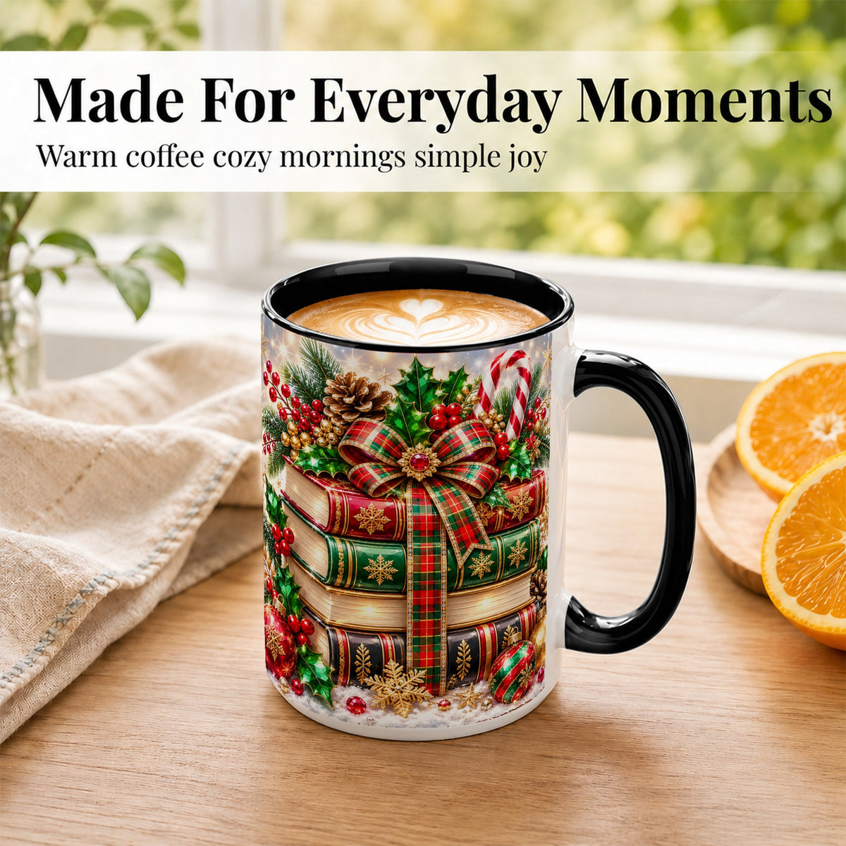 #pl[15oz|Black] Sparkling Christmas Books Coffee Mug, Plaid Bow Holiday Mug, Ceramic Cup