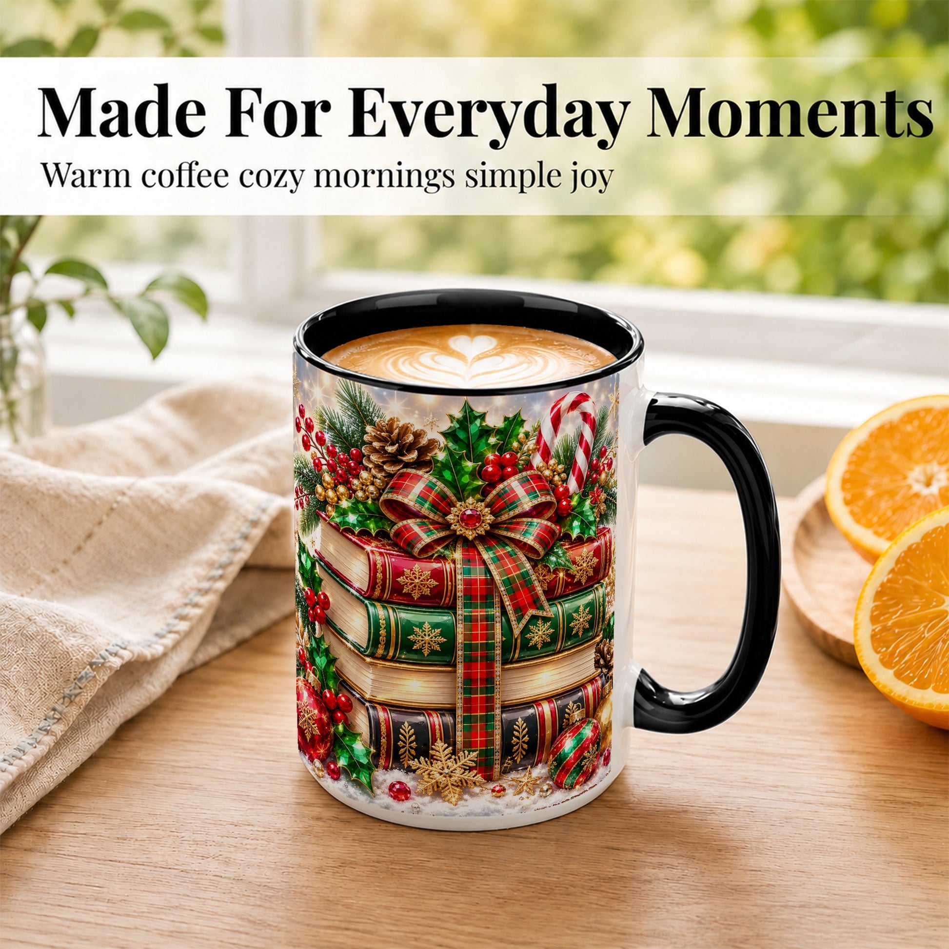 #pl[15oz|Black] Sparkling Christmas Books Coffee Mug, Plaid Bow Holiday Mug, Ceramic Cup