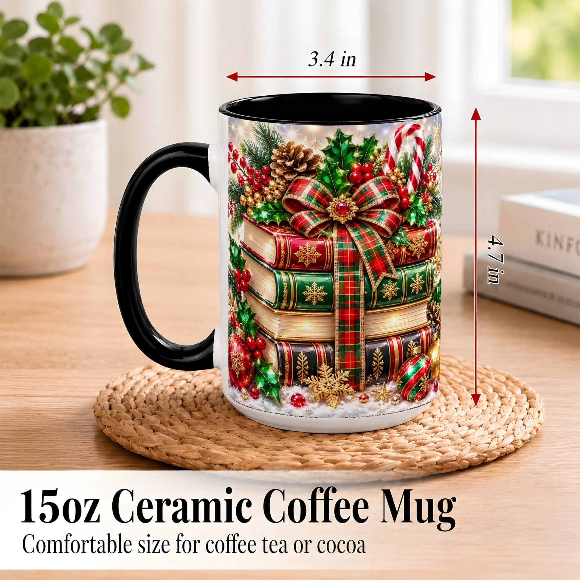 #pl[15oz|Black] Sparkling Christmas Books Coffee Mug, Plaid Bow Holiday Mug, Ceramic Cup