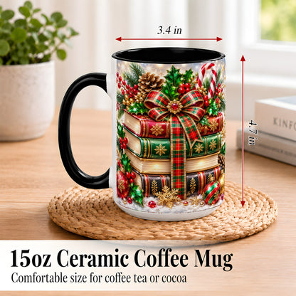#pl[15oz|Black] Sparkling Christmas Books Coffee Mug, Plaid Bow Holiday Mug, Ceramic Cup