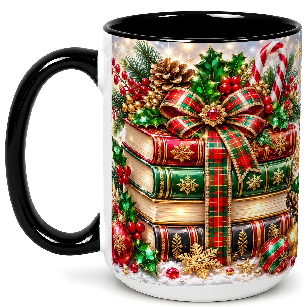 #pl[15oz|Black] Sparkling Christmas Books Coffee Mug, Plaid Bow Holiday Mug, Ceramic Cup