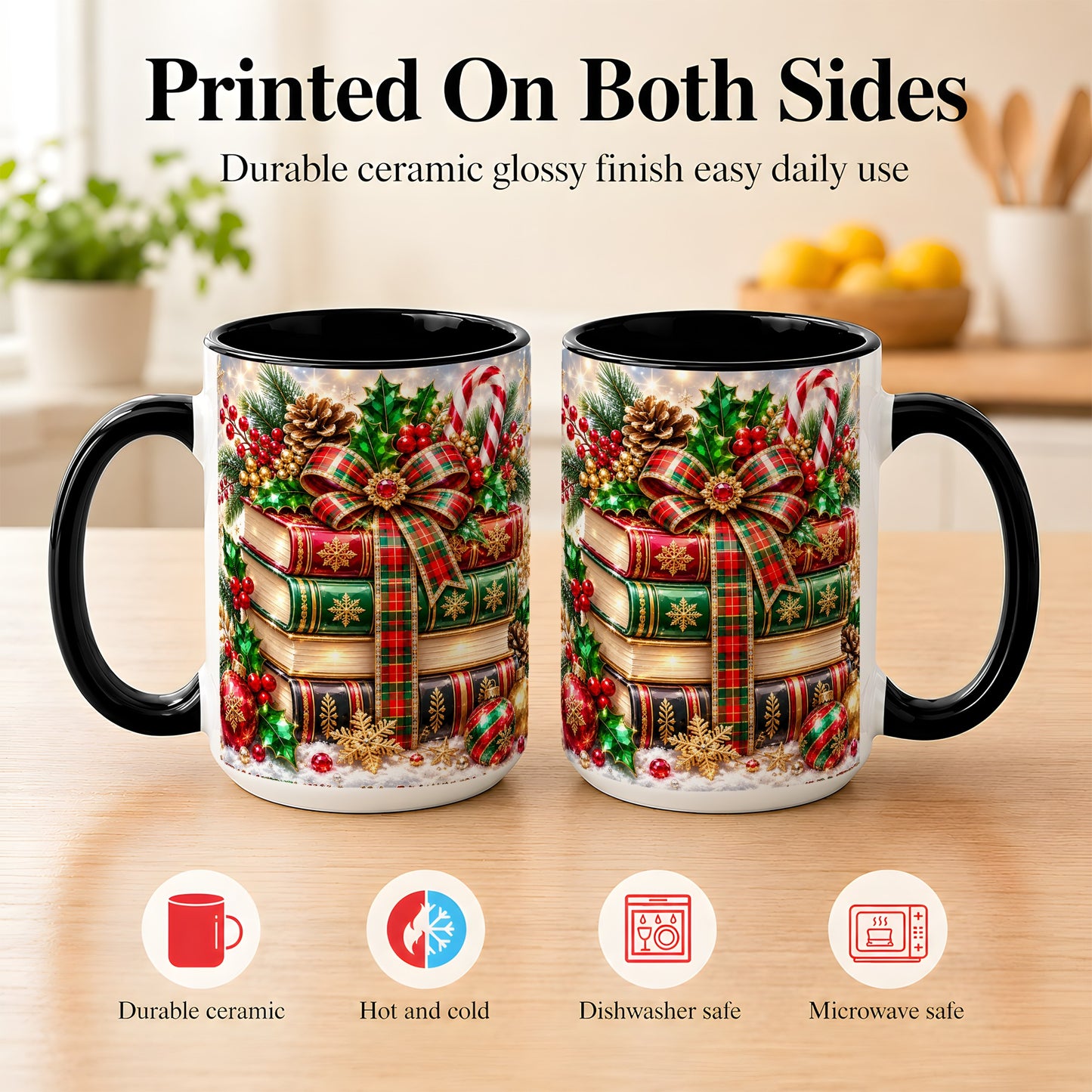 #pl[15oz|Black] Sparkling Christmas Books Coffee Mug, Plaid Bow Holiday Mug, Ceramic Cup