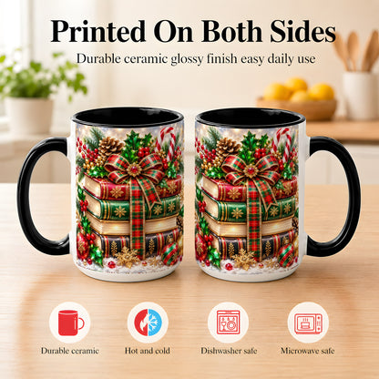 #pl[15oz|Black] Sparkling Christmas Books Coffee Mug, Plaid Bow Holiday Mug, Ceramic Cup