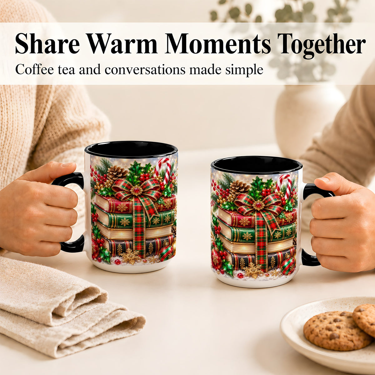 #pl[15oz|Black] Sparkling Christmas Books Coffee Mug, Plaid Bow Holiday Mug, Ceramic Cup