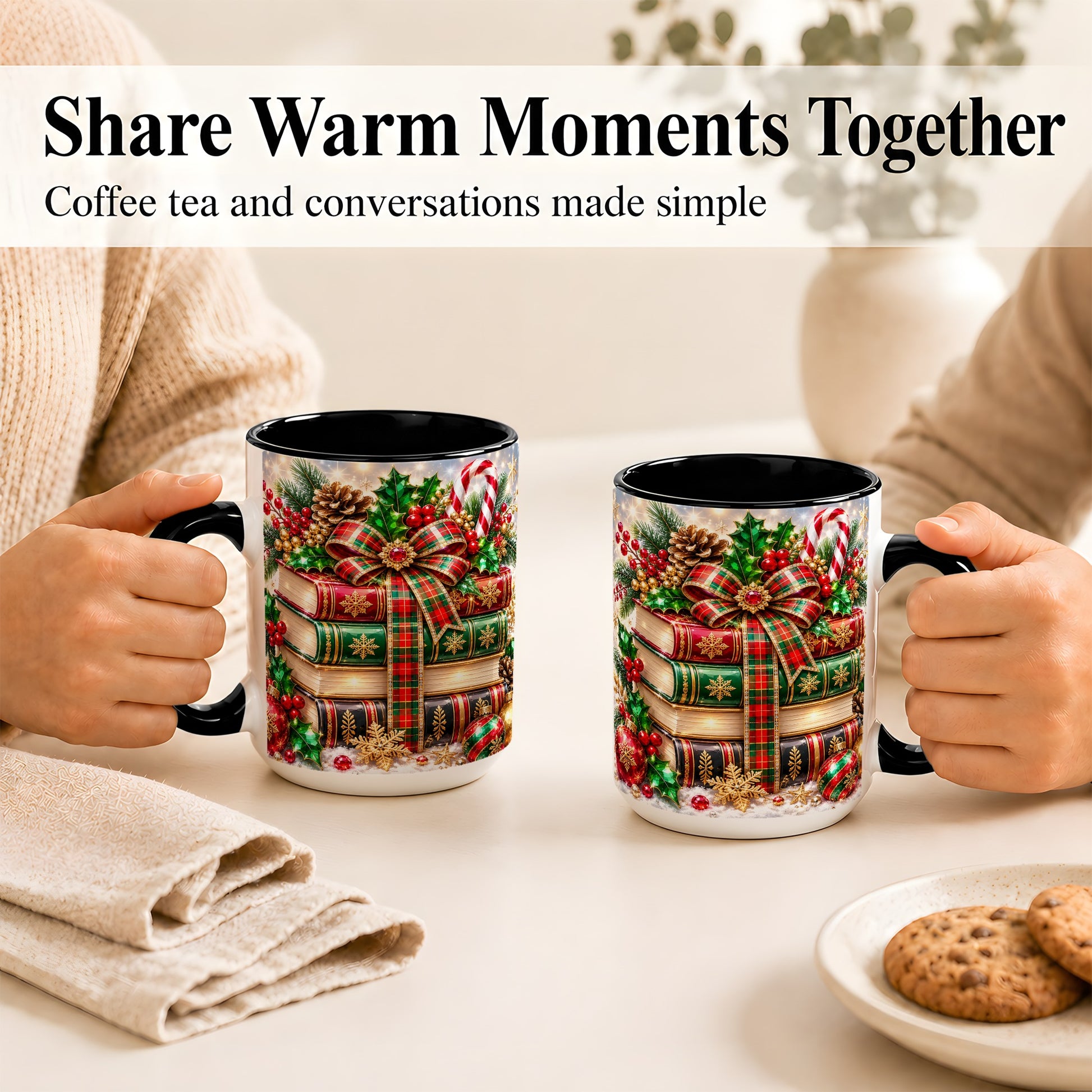 #pl[15oz|Black] Sparkling Christmas Books Coffee Mug, Plaid Bow Holiday Mug, Ceramic Cup
