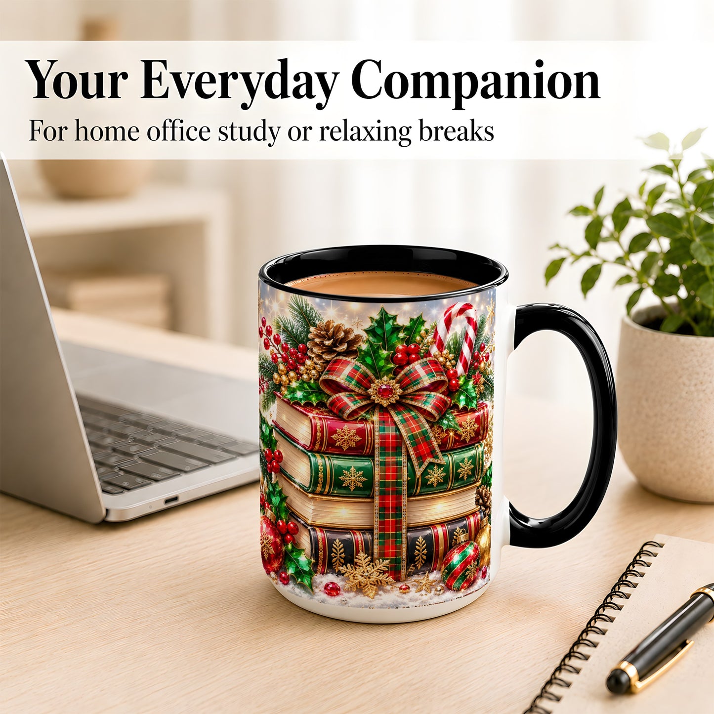 #pl[15oz|Black] Sparkling Christmas Books Coffee Mug, Plaid Bow Holiday Mug, Ceramic Cup