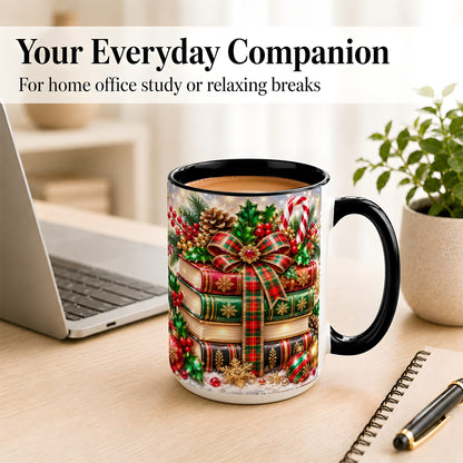 #pl[15oz|Black] Sparkling Christmas Books Coffee Mug, Plaid Bow Holiday Mug, Ceramic Cup