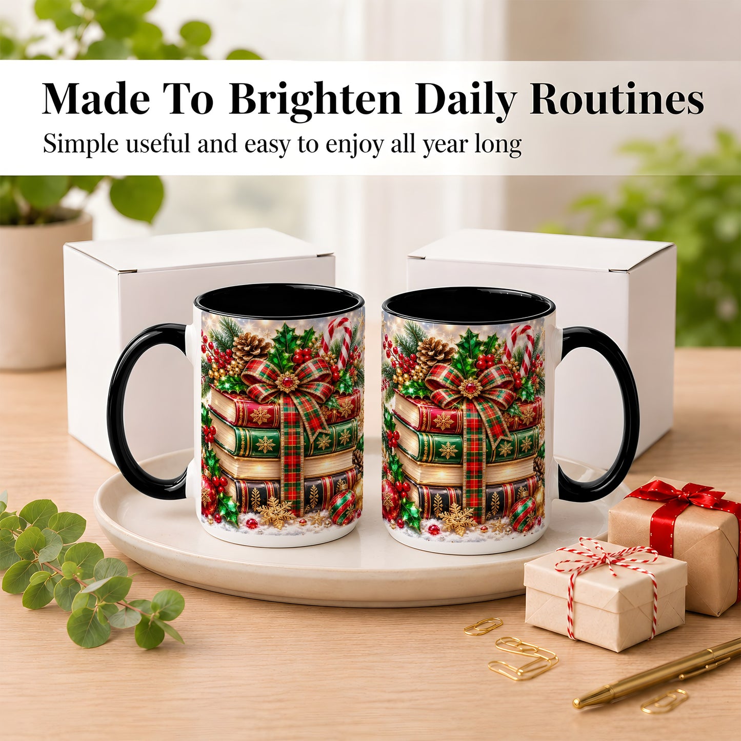 #pl[15oz|Black] Sparkling Christmas Books Coffee Mug, Plaid Bow Holiday Mug, Ceramic Cup