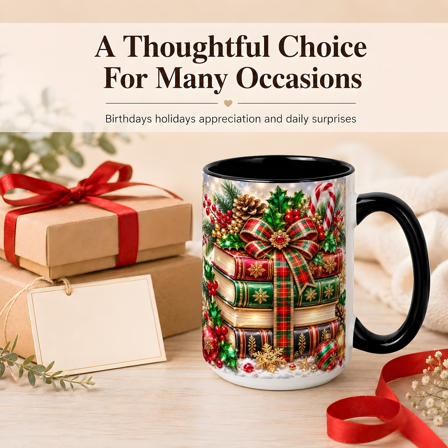 #pl[15oz|Black] Sparkling Christmas Books Coffee Mug, Plaid Bow Holiday Mug, Ceramic Cup