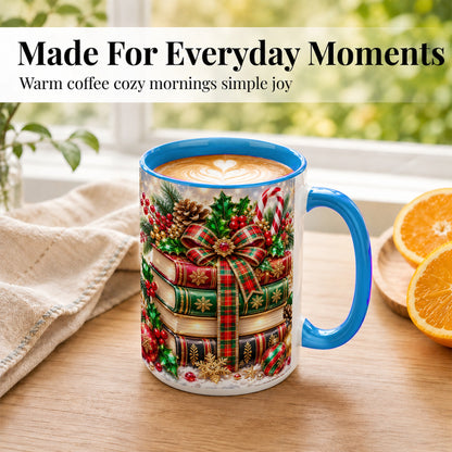 #pl[15oz|Blue] Sparkling Christmas Books Coffee Mug, Plaid Bow Holiday Mug, Ceramic Cup