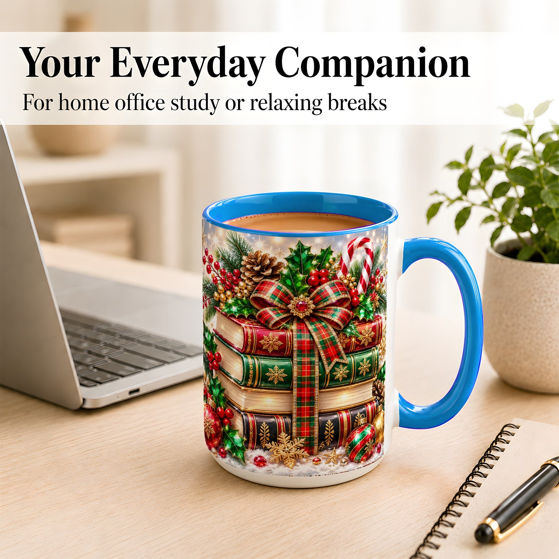 #pl[15oz|Blue] Sparkling Christmas Books Coffee Mug, Plaid Bow Holiday Mug, Ceramic Cup
