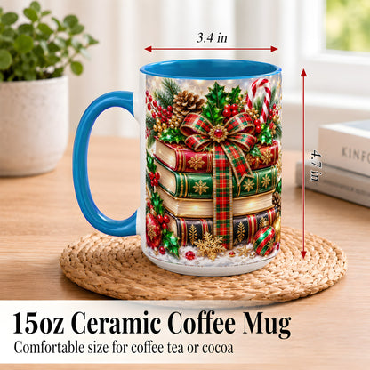 #pl[15oz|Blue] Sparkling Christmas Books Coffee Mug, Plaid Bow Holiday Mug, Ceramic Cup