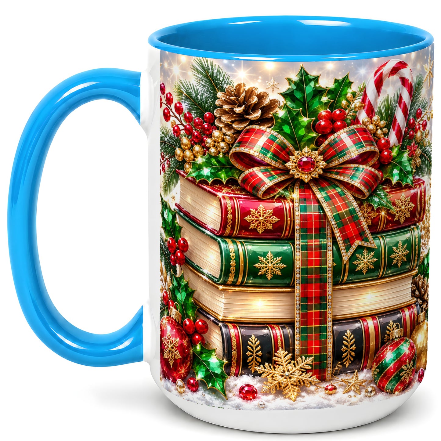 #pl[15oz|Blue] Sparkling Christmas Books Coffee Mug, Plaid Bow Holiday Mug, Ceramic Cup