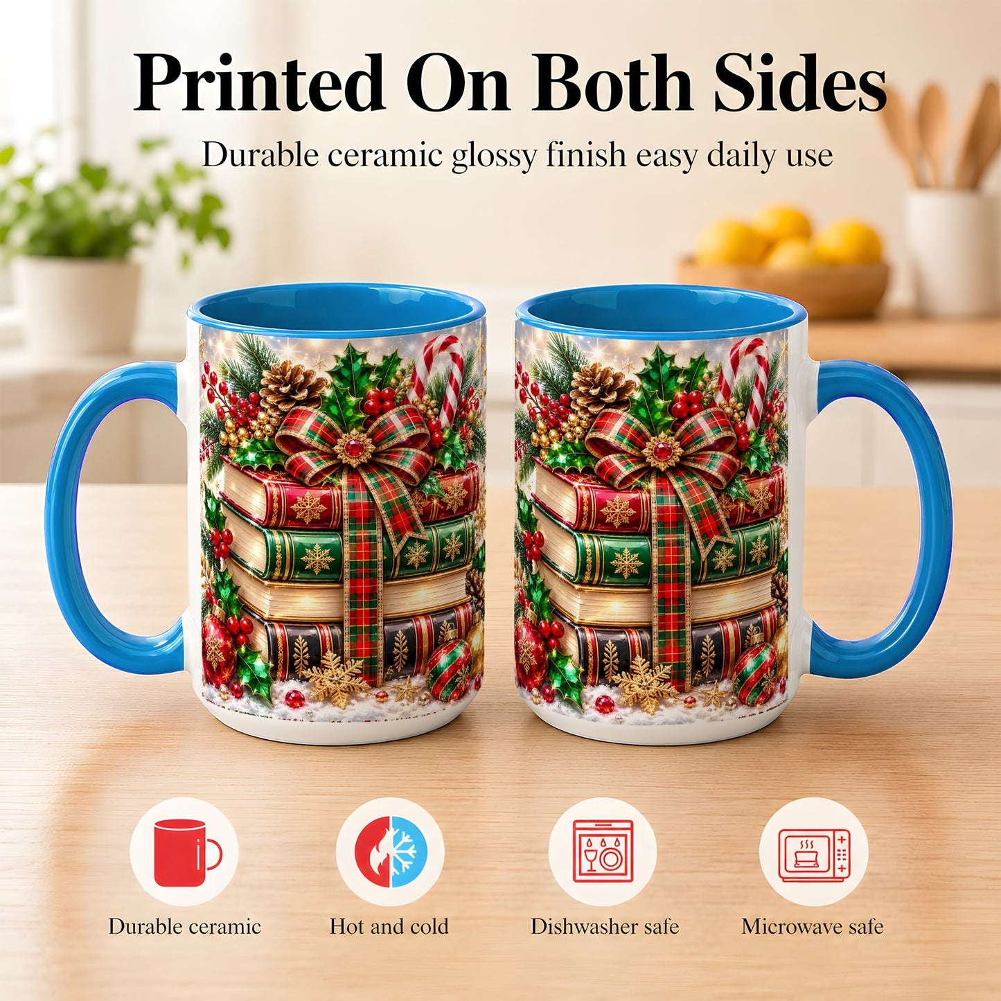 #pl[15oz|Blue] Sparkling Christmas Books Coffee Mug, Plaid Bow Holiday Mug, Ceramic Cup