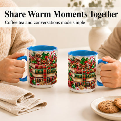 #pl[15oz|Blue] Sparkling Christmas Books Coffee Mug, Plaid Bow Holiday Mug, Ceramic Cup