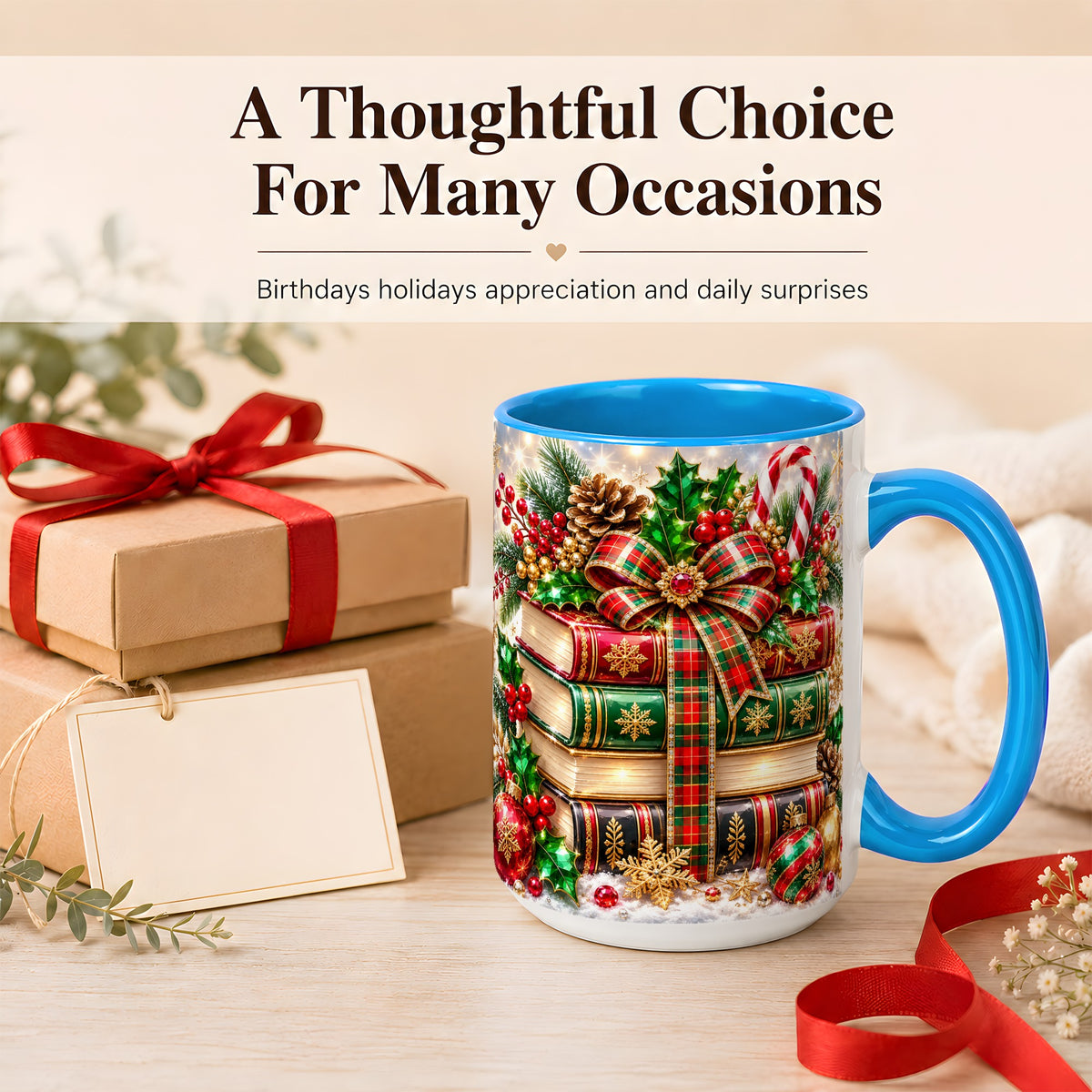 #pl[15oz|Blue] Sparkling Christmas Books Coffee Mug, Plaid Bow Holiday Mug, Ceramic Cup