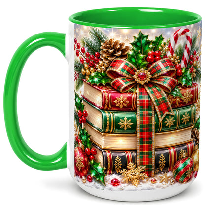 #pl[15oz|Green] Sparkling Christmas Books Coffee Mug, Plaid Bow Holiday Mug, Ceramic Cup