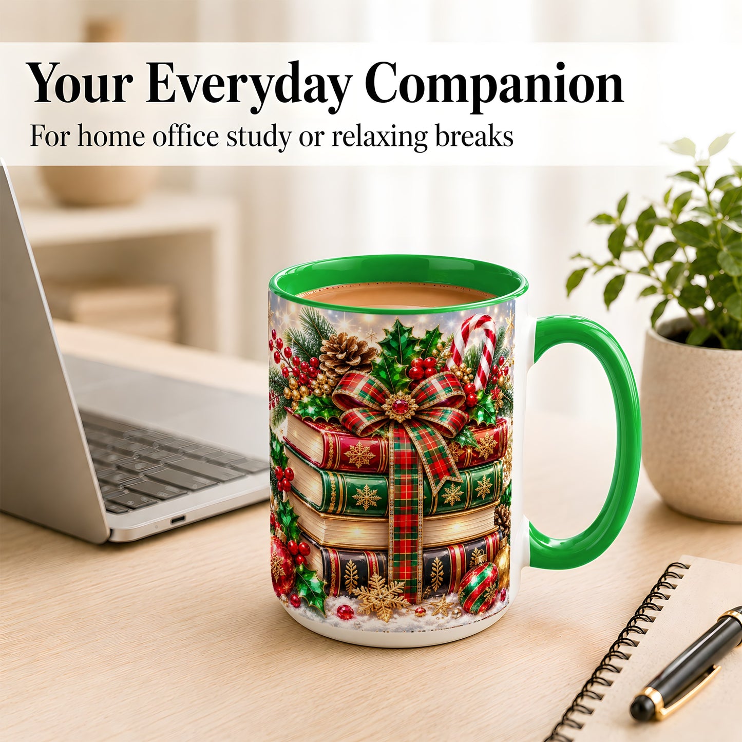 #pl[15oz|Green] Sparkling Christmas Books Coffee Mug, Plaid Bow Holiday Mug, Ceramic Cup