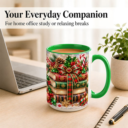 #pl[15oz|Green] Sparkling Christmas Books Coffee Mug, Plaid Bow Holiday Mug, Ceramic Cup