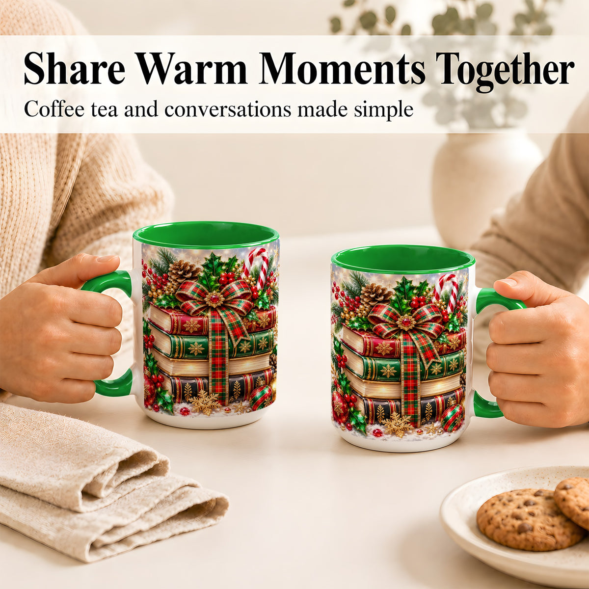 #pl[15oz|Green] Sparkling Christmas Books Coffee Mug, Plaid Bow Holiday Mug, Ceramic Cup
