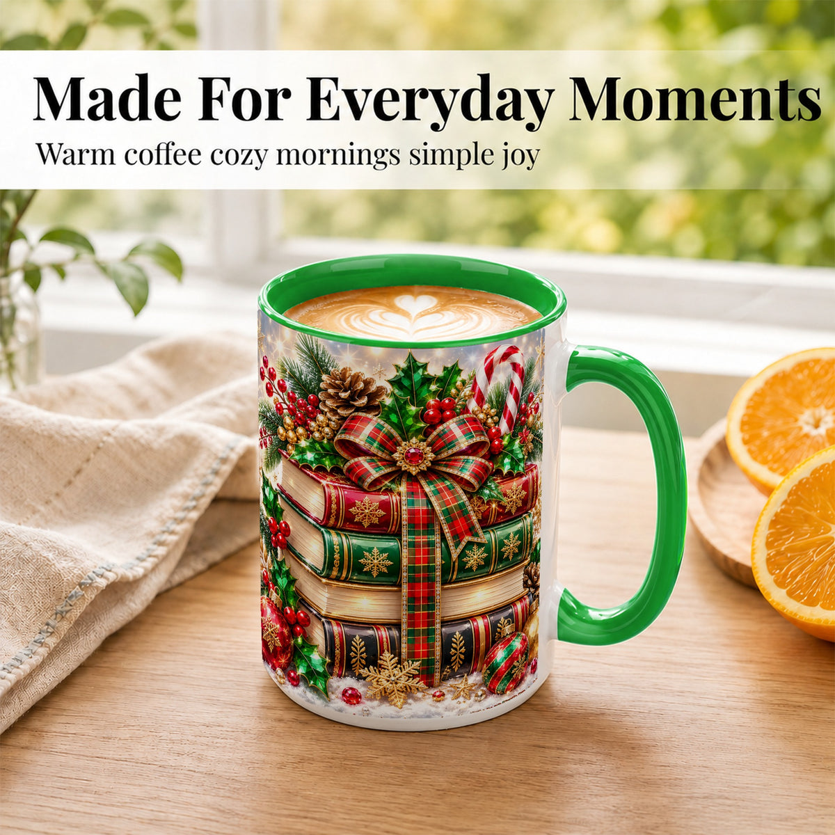 #pl[15oz|Green] Sparkling Christmas Books Coffee Mug, Plaid Bow Holiday Mug, Ceramic Cup