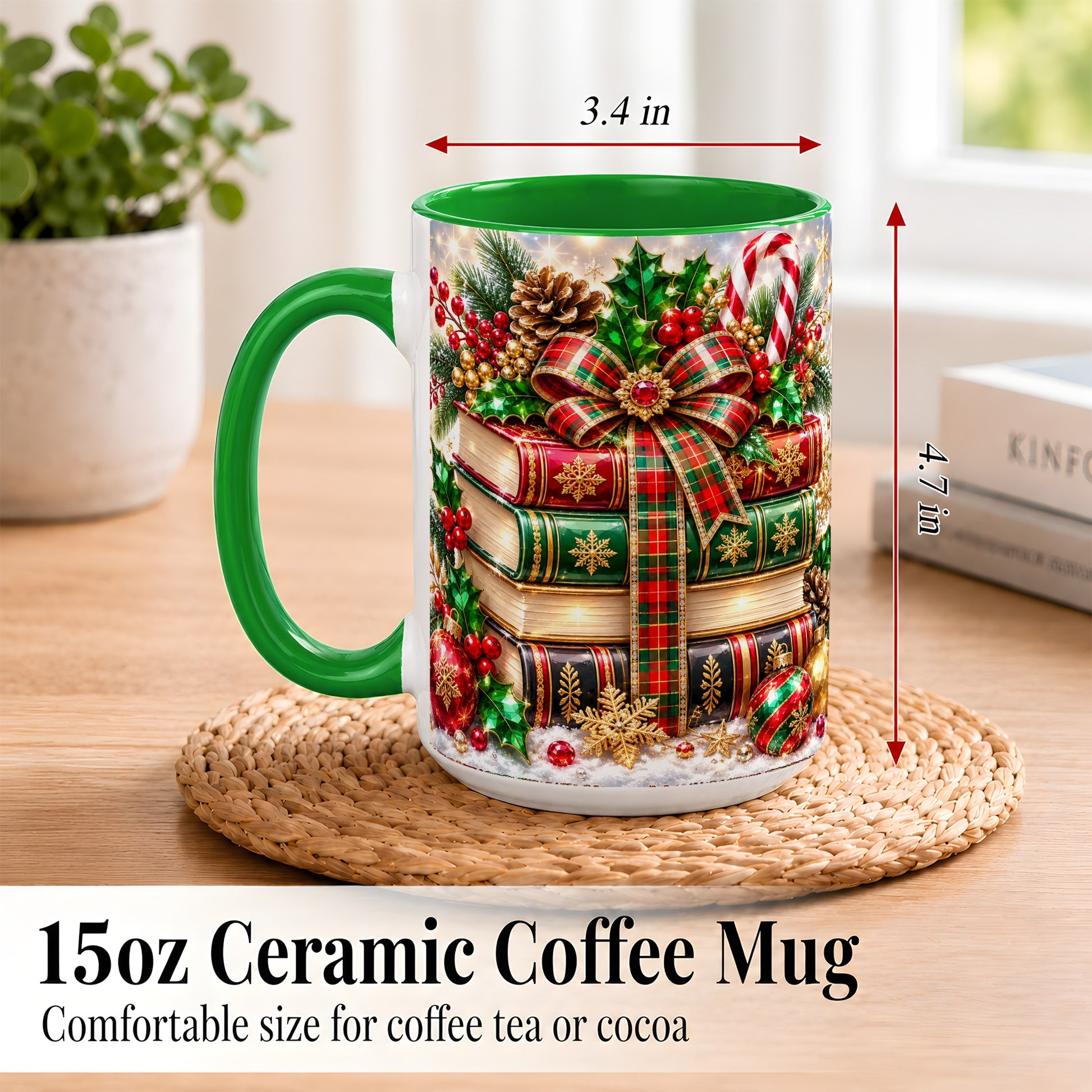 #pl[15oz|Green] Sparkling Christmas Books Coffee Mug, Plaid Bow Holiday Mug, Ceramic Cup