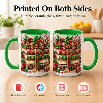 #pl[15oz|Green] Sparkling Christmas Books Coffee Mug, Plaid Bow Holiday Mug, Ceramic Cup