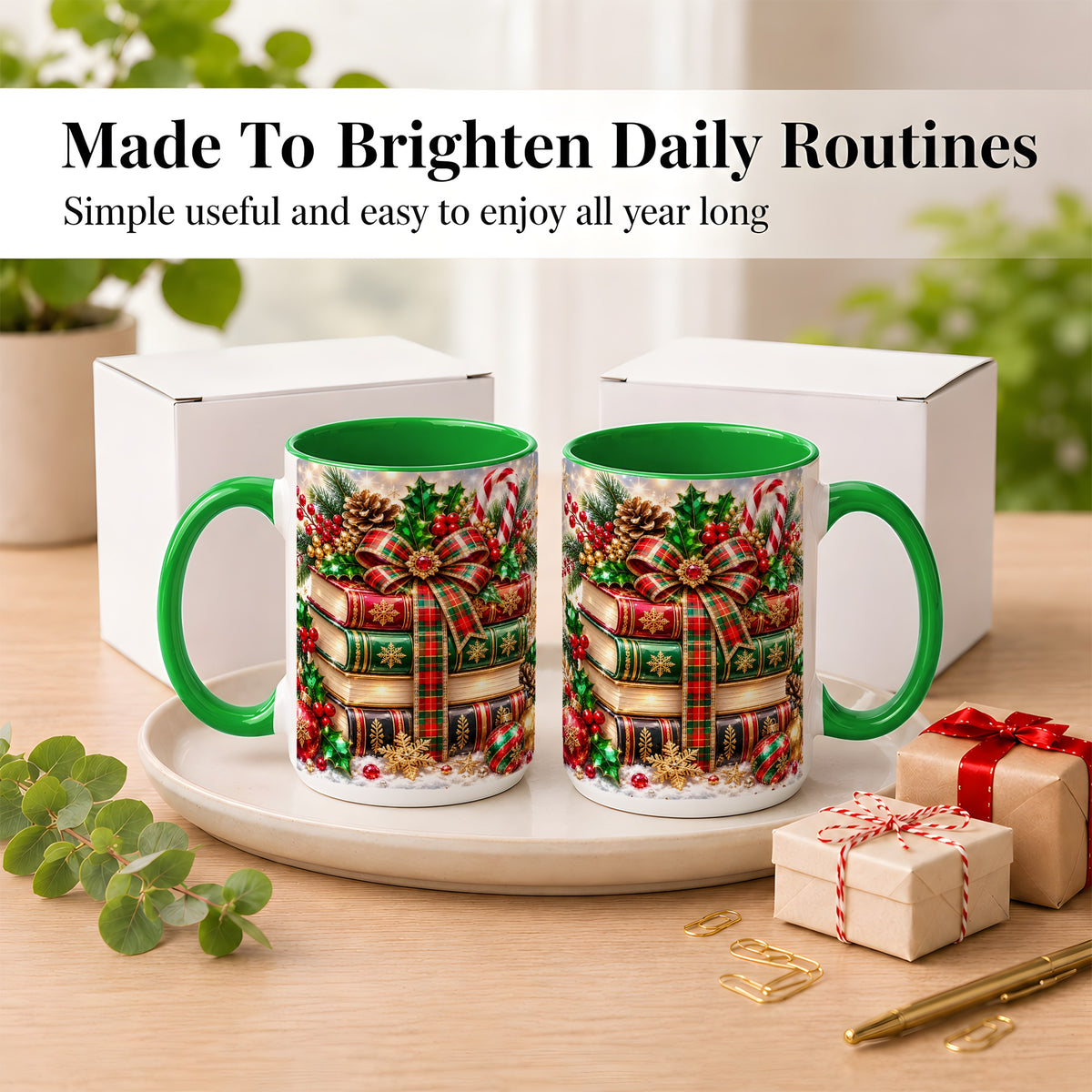 #pl[15oz|Green] Sparkling Christmas Books Coffee Mug, Plaid Bow Holiday Mug, Ceramic Cup