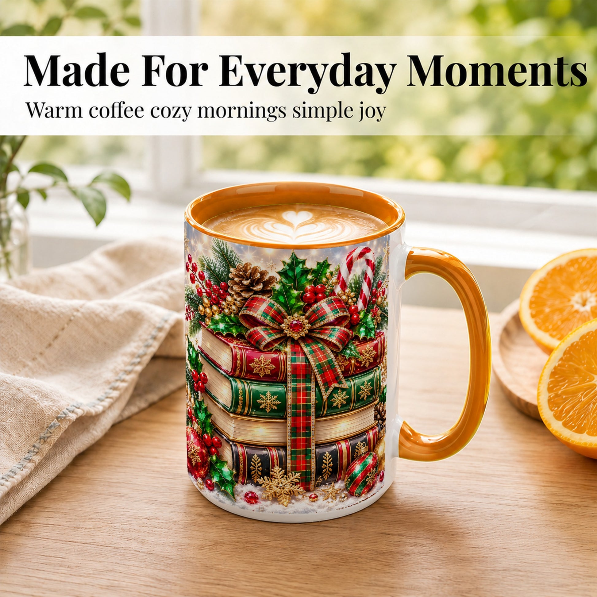 #pl[15oz|Orange] Sparkling Christmas Books Coffee Mug, Plaid Bow Holiday Mug, Ceramic Cup