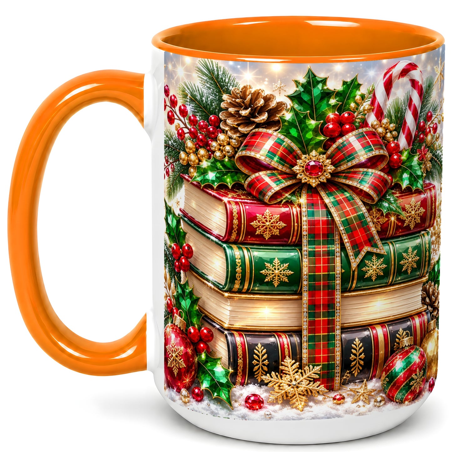 #pl[15oz|Orange] Sparkling Christmas Books Coffee Mug, Plaid Bow Holiday Mug, Ceramic Cup