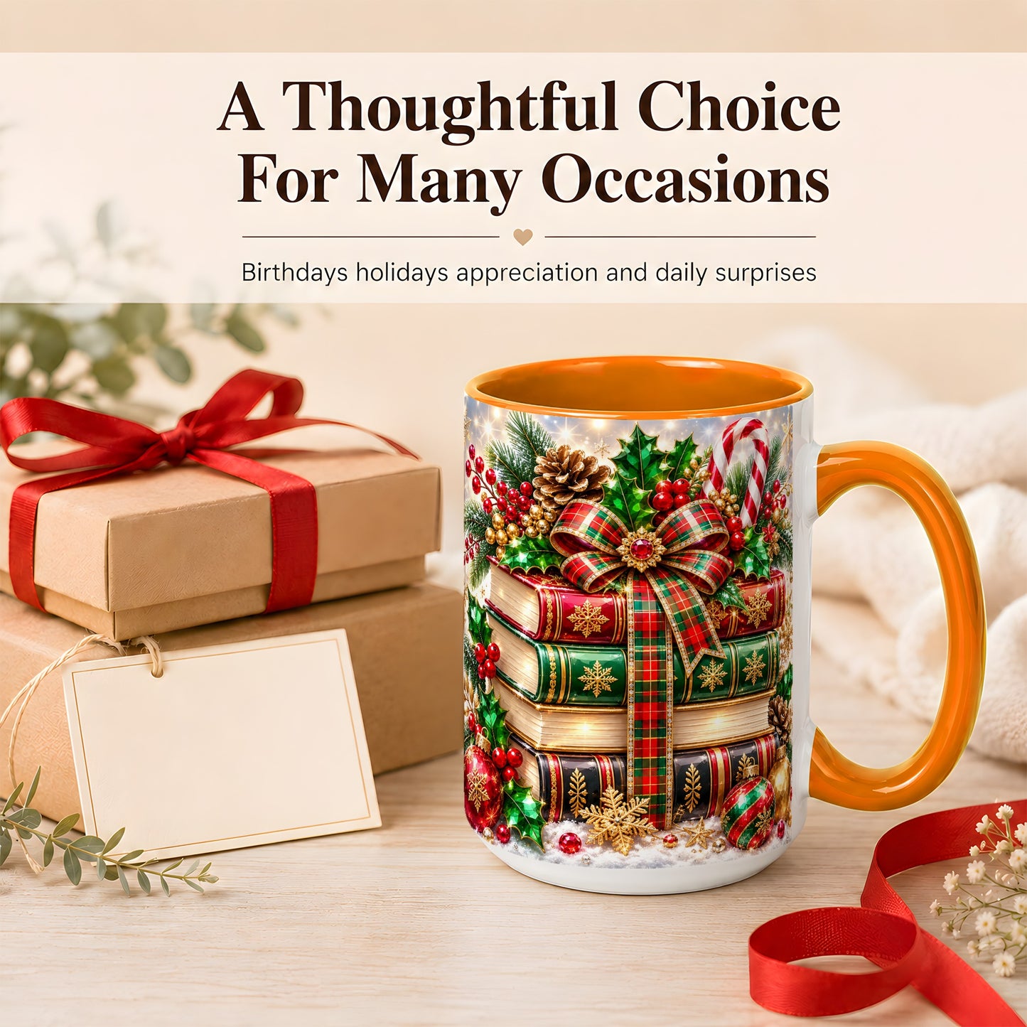 #pl[15oz|Orange] Sparkling Christmas Books Coffee Mug, Plaid Bow Holiday Mug, Ceramic Cup