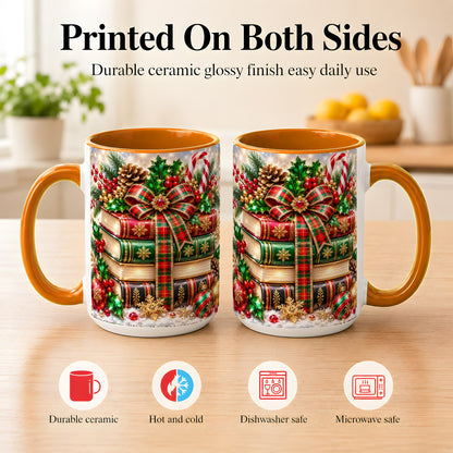 #pl[15oz|Orange] Sparkling Christmas Books Coffee Mug, Plaid Bow Holiday Mug, Ceramic Cup
