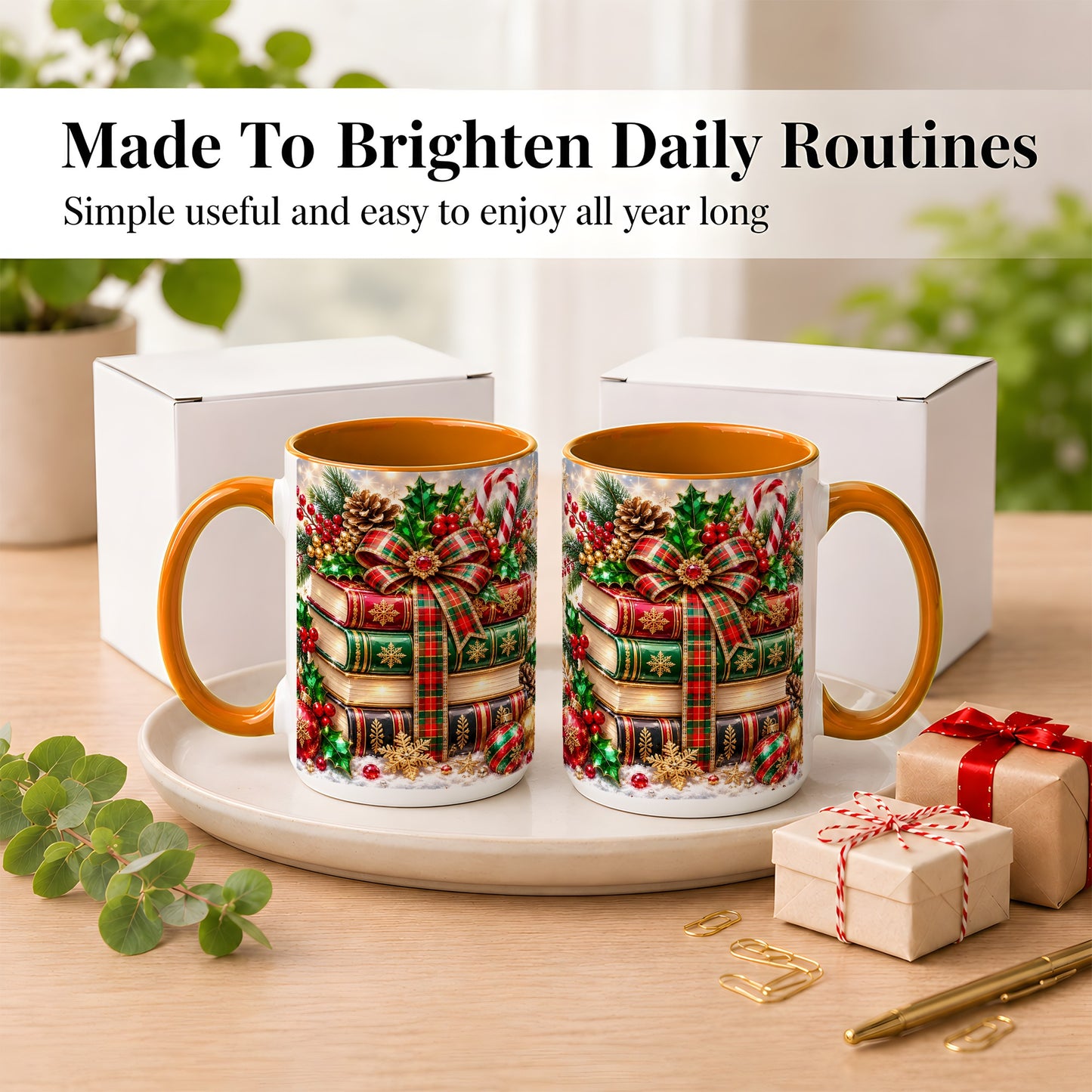 #pl[15oz|Orange] Sparkling Christmas Books Coffee Mug, Plaid Bow Holiday Mug, Ceramic Cup