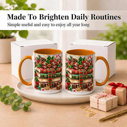 #pl[15oz|Orange] Sparkling Christmas Books Coffee Mug, Plaid Bow Holiday Mug, Ceramic Cup
