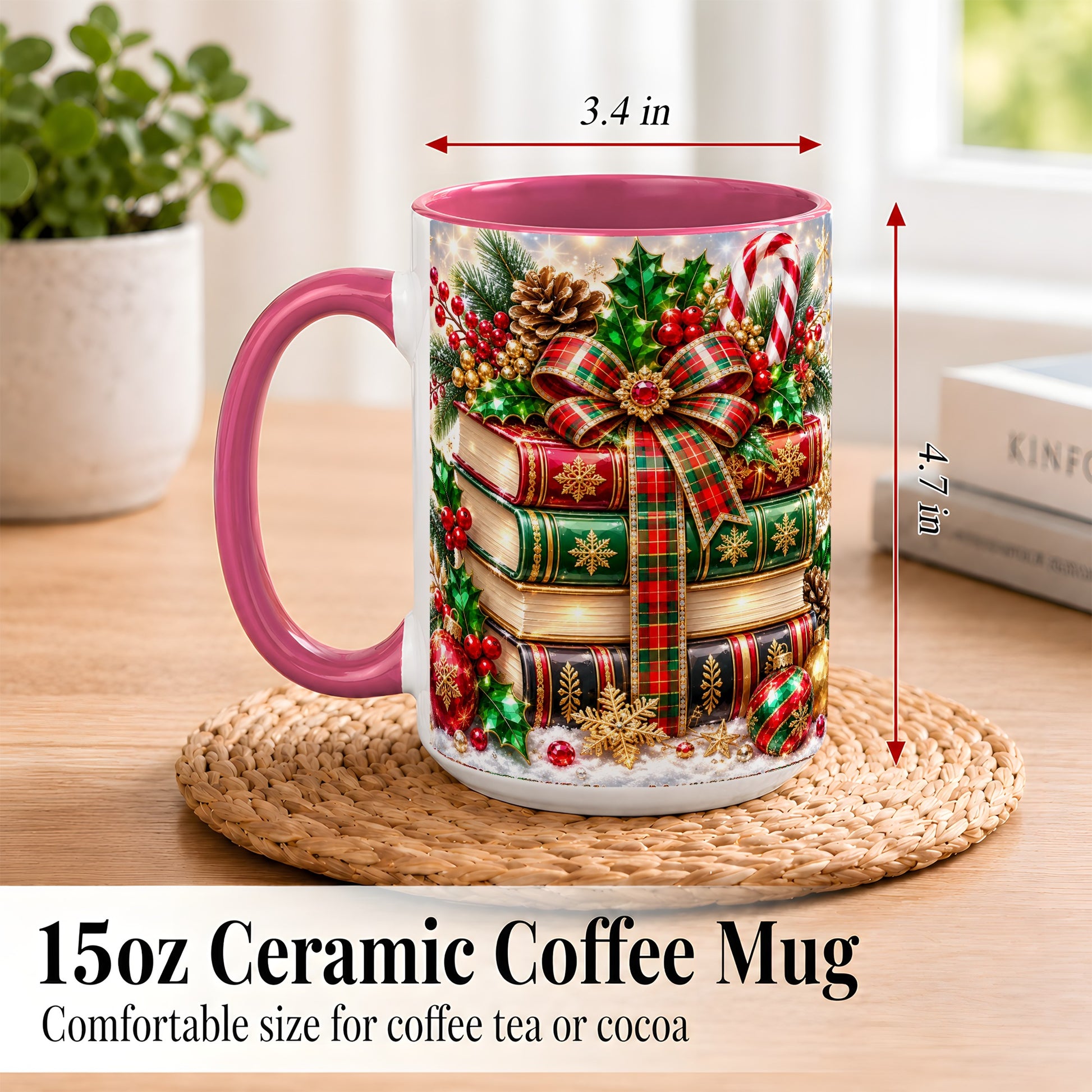 #pl[15oz|Pink] Sparkling Christmas Books Coffee Mug, Plaid Bow Holiday Mug, Ceramic Cup