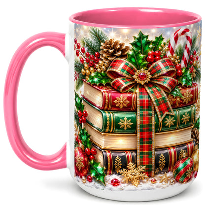 #pl[15oz|Pink] Sparkling Christmas Books Coffee Mug, Plaid Bow Holiday Mug, Ceramic Cup
