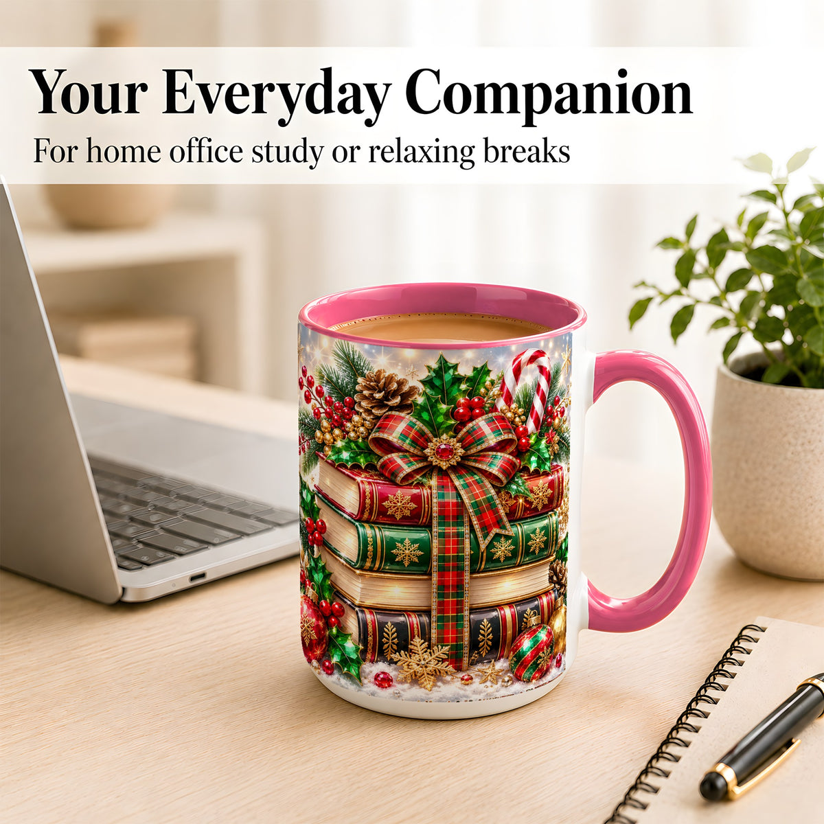 #pl[15oz|Pink] Sparkling Christmas Books Coffee Mug, Plaid Bow Holiday Mug, Ceramic Cup