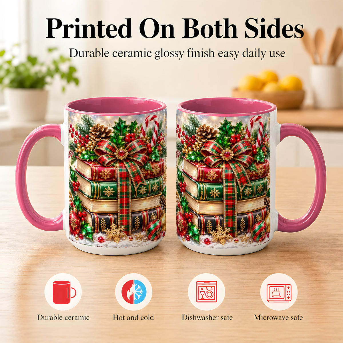 #pl[15oz|Pink] Sparkling Christmas Books Coffee Mug, Plaid Bow Holiday Mug, Ceramic Cup
