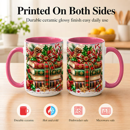 #pl[15oz|Pink] Sparkling Christmas Books Coffee Mug, Plaid Bow Holiday Mug, Ceramic Cup