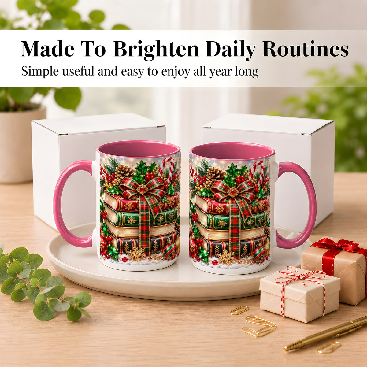 #pl[15oz|Pink] Sparkling Christmas Books Coffee Mug, Plaid Bow Holiday Mug, Ceramic Cup