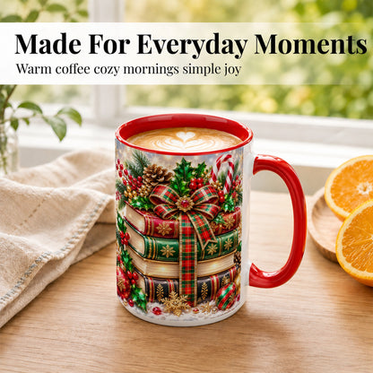 #pl[15oz|Red] Sparkling Christmas Books Coffee Mug, Plaid Bow Holiday Mug, Ceramic Cup