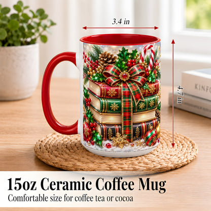 #pl[15oz|Red] Sparkling Christmas Books Coffee Mug, Plaid Bow Holiday Mug, Ceramic Cup