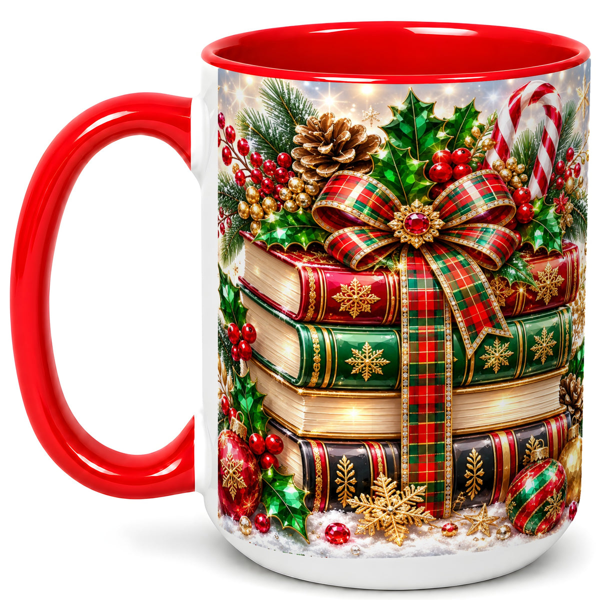 #pl[15oz|Red] Sparkling Christmas Books Coffee Mug, Plaid Bow Holiday Mug, Ceramic Cup