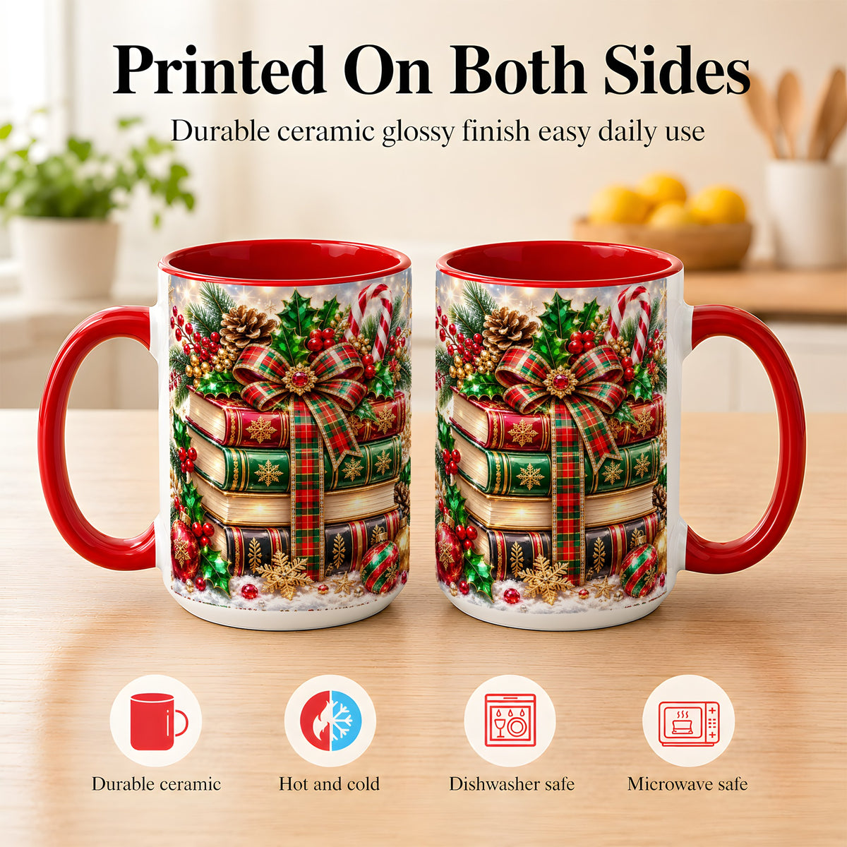 #pl[15oz|Red] Sparkling Christmas Books Coffee Mug, Plaid Bow Holiday Mug, Ceramic Cup